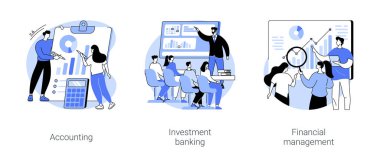 Finans alanında Bilim Ustası izole edilmiş karikatür çizimleri seti. Birlikte iş planı yapan çeşitli insanlardan oluşan bir grup, bütçe planlaması, yatırım bankacılığı eğitimi, yönetim vektör karikatürü.