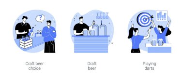 İzole edilmiş bir çizgi film çizim setinde. El işi bira seçimi, bira uzmanı müşteriyle konuşmak, barmen bardağı tutmak, neşeli çeşitli arkadaşlar bar vektör karikatüründe dart oynamak..