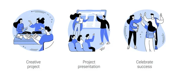 Estudantes Projetam Desenhos Animados Isolados Conjunto Ilustrações Vetoriais Apresentação Projeto —  Vetores de Stock