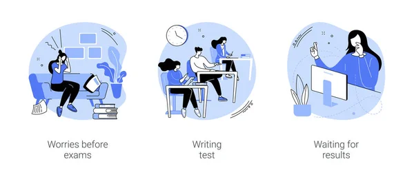 시험은 일러스트 세트로 구성되어 시험을 앞두고 걱정하고 학생들 시험을 결과를 — 스톡 벡터