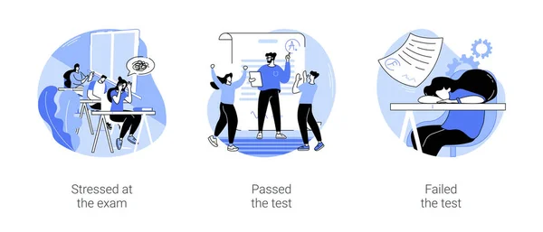 考试孤立的卡通矢量插图集 紧张的青少年试图回忆信息 快乐的学生通过了考试 年轻人因为考试不及格而悲伤不已 — 图库矢量图片