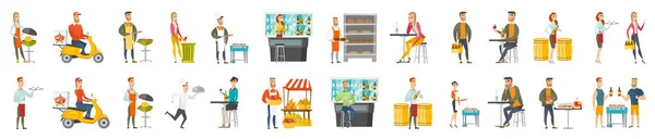 Cartoon Flachvektorillustration Set Von Isolierten Charakteren Die Essen Kochen Und — Stockvektor