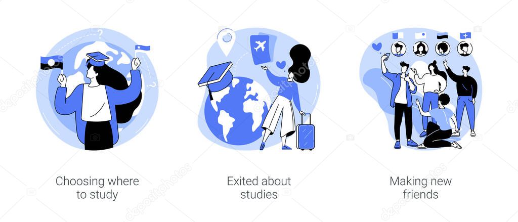 Study abroad isolated cartoon vector illustrations set. Choosing country, exited young person holding tickets, get scholarship, university exchange program, diverse students vector cartoon.