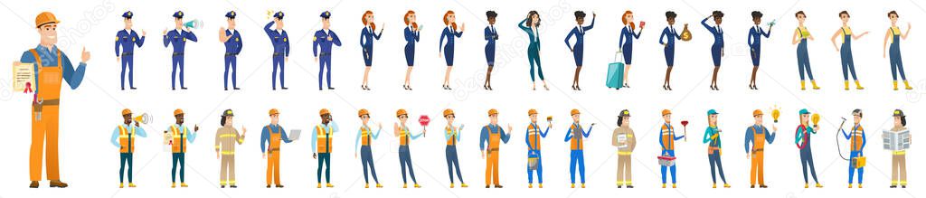 Cartoon flat vector illustration set of isolated emergency services and civil workers. Diverse men and women on police and firefighter duty. Road workers and repairmen. Aircraft workers and stewardess