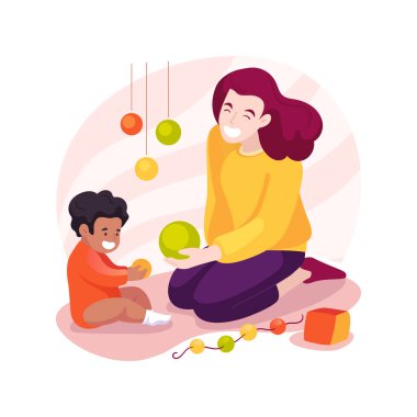 İzole edilmiş karikatür vektör çizimlerini incele. Çocuk parlak renklere bakar, bebek renkli oyuncaklarla oynar, bebek zihinsel becerileri gelişir, çocuk yuvası, erken eğitim vektör çizgi filmi.