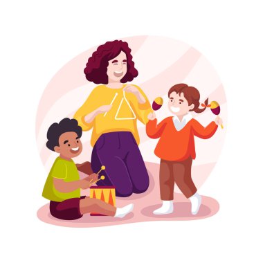 Oyuncak enstrümanları karikatür vektör çizimlerini izole et. Oyuncak enstrüman ile bebek deneyleri, anaokulu eğlencesi, bilişsel gelişim, çocuk yuvası vektör karikatürü.