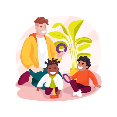 Çocuklarla etkileşim izole edilmiş çizgi film vektör çizimi. Bebek diğer çocuklarla oynar, sosyal etkileşim, duygusal gelişme, kreş, erken eğitim vektör çizgi filmi.