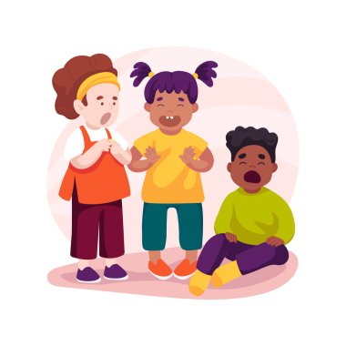 Karikatür vektör illüstrasyonunu dışa vurun. Bebek duygularını sesler, yüz ifadeleri ve hareketlerle ifade eder, sosyal etkileşim, anaokulu, çocuk bakımı vektör karikatürü.