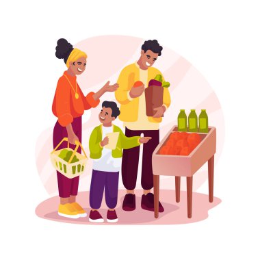 Alışveriş listesi izole edilmiş çizgi film vektör çizimi. Çocuk alışverişi öğretmek, çocuk esirgeme listesi, raflardaki eşyalara işaret etmek, markette çocuklu aileler, market vektör karikatürü almak..