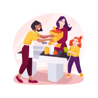 İzole edilmiş karikatür çizimi yapıyorum. Çocuk kasaya erzak koydu, annesine alışverişte yardım etti, aile hayatı, satın almak için ödeme yaptı, süpermarket vektör çizgi filminden yiyecek aldı..