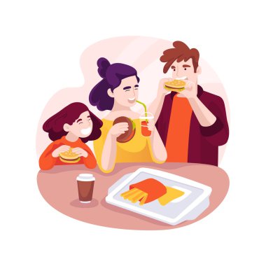 Hızlı atıştırmalık karikatür vektör çizimi. Alış veriş merkezinde aile, alışveriş torbaları, alışveriş merkezinde yemek yemek, öğle yemeği, haftasonu birlikte, ticaret merkezi, büfe karikatür.