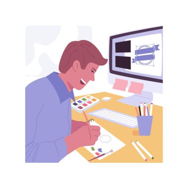 Grafik tasarım kursu karikatür vektör çizimlerini izole etti. Genç çocuk eskizler çiziyor, online derece, uzaklık öğrenimi, sanal eğitim, UI ve UX tasarım vektör karikatürü.