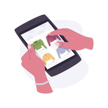 Alışveriş uygulaması karikatür vektör çizimlerini izole etti. Elinde tablet, ekranda online mağaza kıyafetleri, insanların yaşam tarzı, yeni kıyafetler ve aksesuar vektör karikatürü alan genç bir kız..
