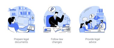 Hukuk firması karikatür vektör çizimleri ayarlandı. Paralegal uzmanı belgeleri hazırlar, profesyonel avukat yasa değişikliklerini okur, iş dünyasına hukuki tavsiyelerde bulunur, noter servis vektör karikatürü.