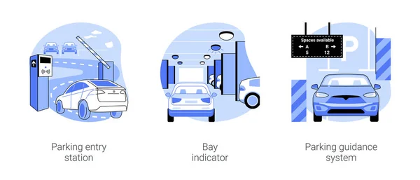 智能泊车管理系统隔离卡通矢量插画集 停车场入口 海湾指示灯打开 车用智能导航系统 在城市环境矢量卡通人物驾驶 — 图库矢量图片