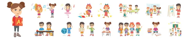 Cartoon Platte Vector Illustratie Set Van Geïsoleerde Kinderen Studeren Kleuterschool — Stockvector