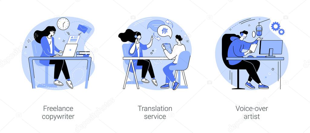 On-demand services isolated cartoon vector illustrations set. Freelance copywriter work with laptop, professional translation online, voice over artist service, recording audio vector cartoon.