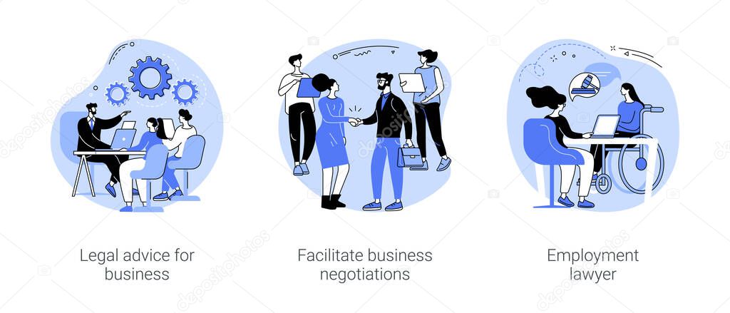 Commercial law isolated cartoon vector illustrations set. Legal advice for business, lawyer facilitate negotiations of business partners, professional employee rights consultancy vector cartoon.