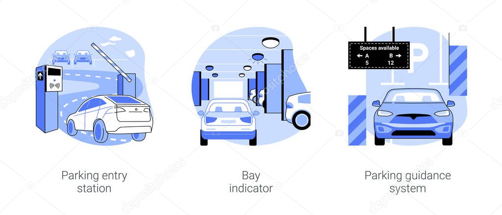 Smart parking management system isolated cartoon vector illustrations set. Parking entry station, bay indicator is on, smart guidance system for cars, driving in urban environment vector cartoon.
