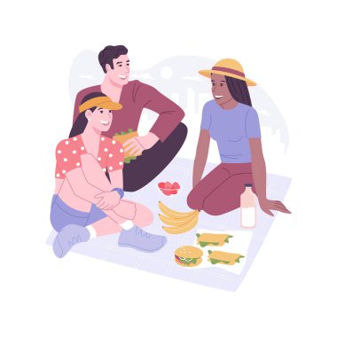 Şehir pikniği karikatür vektör çizimleri. Bir grup arkadaş şehir parkında piknik yapar. Meyve suyu yer ve içerler. Kentsel yaşam tarzı, yaz haftasonu vektör karikatürü..