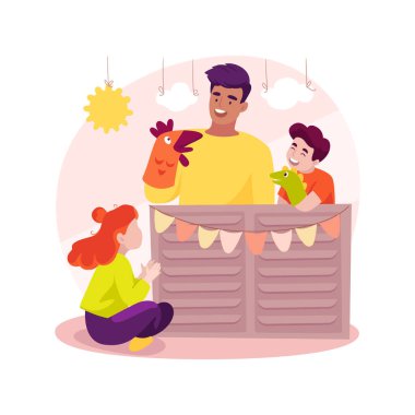 Kukla tiyatrosu karikatür vektör illüstrasyonunu izole etti. Anaokulunda el kuklası, kukla tiyatrosu, hayal gücü ve yaratıcılık geliştirme aktiviteleri, erken eğitim vektör çizgi filmi.