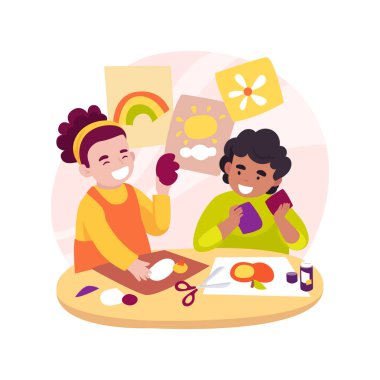 Kağıt kolajı yapmak karikatür vektör illüstrasyonunu izole etti. Kolaj çalışması yapmak, çocuklar kağıt, hayal gücü ve yaratıcılık sanatı dersi, erken eğitim, anaokulu çizgi filmi.