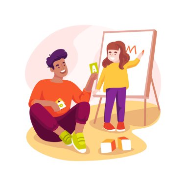 Kişisel isim karikatür vektör çizimi yazılıyor. Kendi adını yazmak, kişisel imza egzersizi, anaokulunda alfabe, okur yazarlık ve dil öğrenmek, erken eğitim vektörü çizgi filmi.