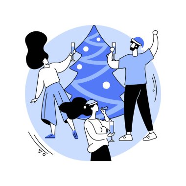 Kurumsal parti karikatür vektör çizimlerini izole etti. Mutlu çeşitli meslektaşlar tatillerini şık ofiste, Noel 'de ve yeni yılda eğlenerek, takım oluşturarak, şirket parti karikatürü çizerek kutlarlar..