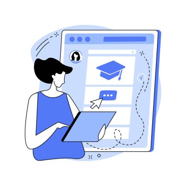 Sınıftaki izole çizgi film vektör çizimlerine katıl. Öğretmenlik yazılımı, video konferansı, veri görselleştirmesi, çevrimiçi eğitim, diploma programları vektör karikatürü yoluyla akıllı sınıflara katılan kadın.