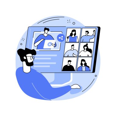 İzole edilmiş çizgi film çizimleri paylaşın. Online öğretmenlik uygulaması, sanal sınıflar, video konferansı, veri görselleştirme vektör karikatürü üzerinden video paylaşan bir grup insan.