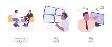 Serbest fon karikatür vektör çizimleri ayarlandı. Yatırım fonu, yatırım danışmanı, mutlu tüccar, hisse senedi piyasası karikatüründe büyük gelir kaybı..