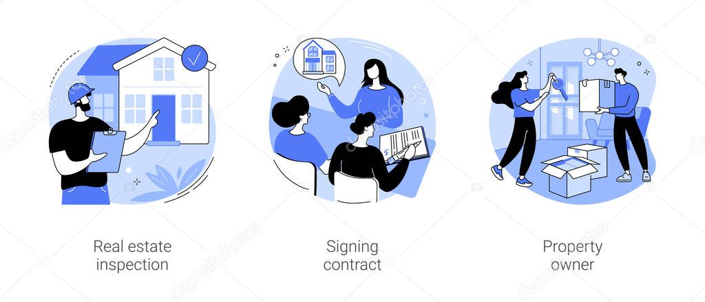 Real estate brokerage firm isolated cartoon vector illustrations set. Real estate agent inspecting a house, couple buying property with broker, signing contract, happy house owner vector cartoon.