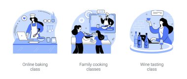 Çevrimiçi gastronomi sınıfları karikatür vektör çizimleri ayarlandı. Yemek ve beslenme, evde ekmek pişirme, çocuklar ve ebeveynler beslenme ana sınıfı, şarap tatma kursu çizgi filmi.
