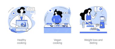 Yemek pişirme ve beslenme atölyesi karikatür vektör çizimleri seti. Kadın beslenme dersi izliyor, vejetaryen yemeği, kilo kaybı ve diyet vlog hazırlıyor, sağlıklı besin vektörü çizgi filmi yapıyor..