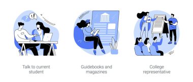 Kolejde izole edilmiş vektör çizimleri seti seçiliyor. Okul mezunu, mevcut öğrenci, genç kitap okuyan, broşürlerle ilgilenen, seçim vektörü karikatürü çizen....