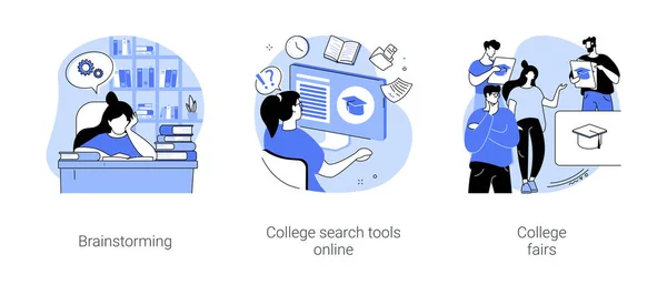 College Search Isolated Cartoon Vector Illustrations Set Student Thinking Preparing — Stock vektor