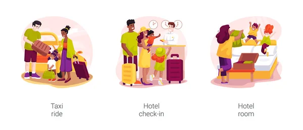 Hotel Check Conjunto Ilustración Vectorial Dibujos Animados Aislados Servicio Taxi — Archivo Imágenes Vectoriales