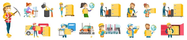 Smiley Cartoon Flache Illustration Set Von Industriearbeitern Und Logistik Lager — Stockvektor