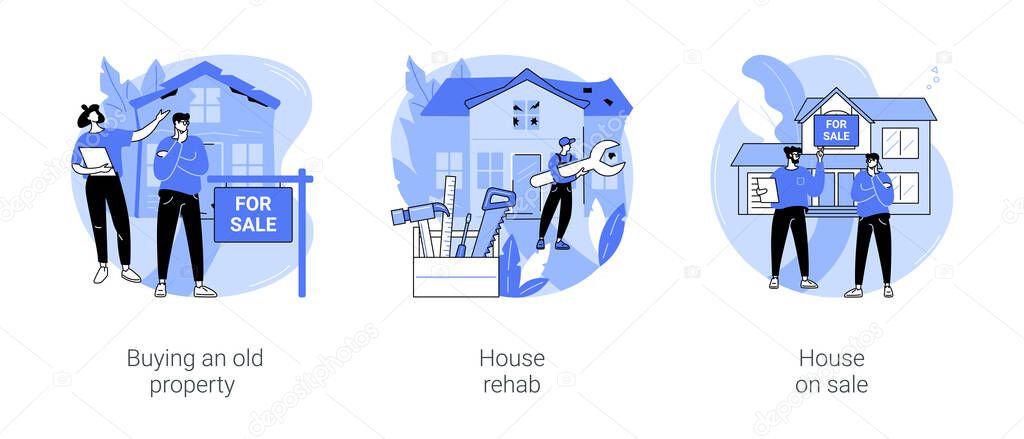 House flipping isolated cartoon vector illustrations set. Young couple buy an old house flippers repairing a building, real estate rehabbing process, put property on sale, get profit vector cartoon.