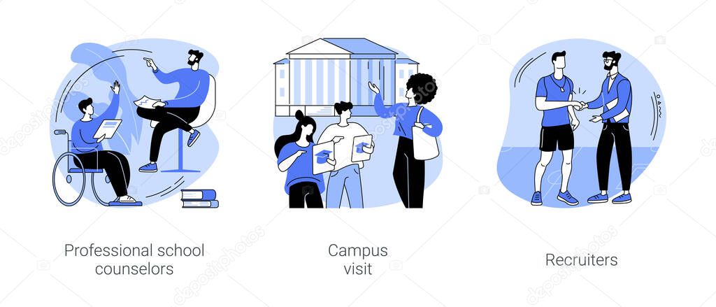 Coonect with a college isolated cartoon vector illustrations set. Talk to professional school counselor, future students visit campus together, recruiter makes scholarship offer vector cartoon.