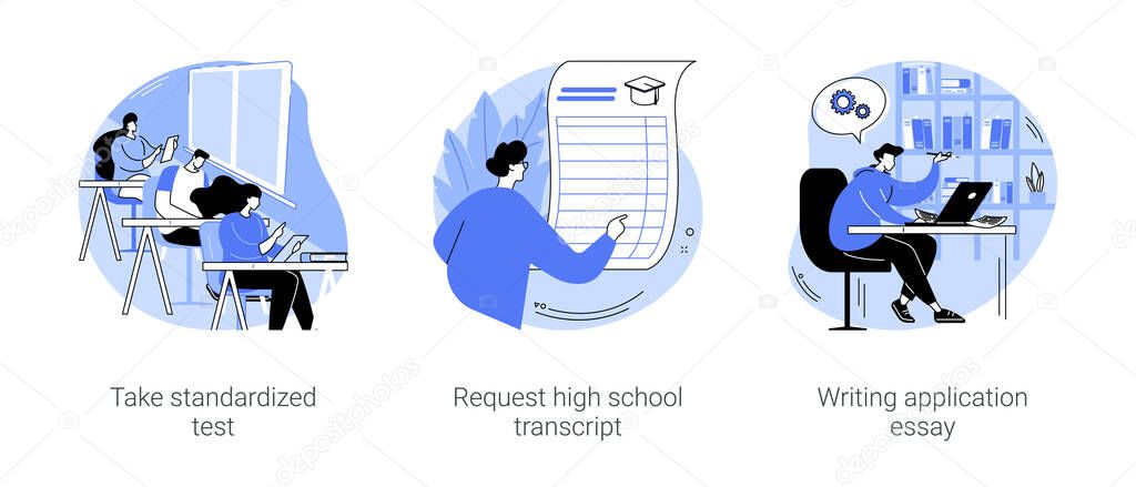 College admission process isolated cartoon vector illustrations set. Graduates take standardized test, request high school transcript, records of courses, writing application essay vector cartoon.