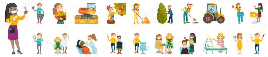Smiley cartoon flat illustration set of farmers and characters at beauty salon. Men and women harvesting fruit and crops. Garden works. Nail service and hairdressing. Beauty injections and shaving.