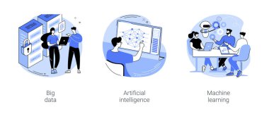 Bilgi teknolojisi araştırması karikatür vektör çizimleri ayarlandı. IT öğrencisi büyük veri projesi, yapay zeka, makine öğrenme çalışmaları, üniversite diploması vektör karikatürü üzerinde çalışıyor.