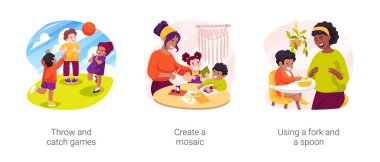 Kids motor skills development isolated cartoon vector illustration set. Throw and catch games, create a mosaic, using fork and spoon, play a game, kindergarten activity, self-care vector cartoon.
