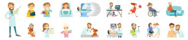 Gülen çizgi film düz çizim seti hasta ve yaralı erkek ve kadınlar. Soğuk algınlığı ve grip. Hastalık tanılama ve tedavi. Hastane doktorları, röntgen ve ultrason, doktorlar ve veterinerler..