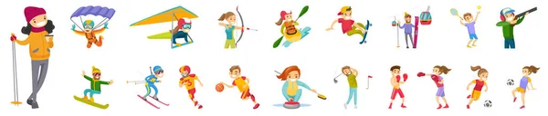 笑逐颜开的卡通画一组不同的人物做夏季和冬季的运动 男子和妇女踢足球 打篮球 滑雪板 跳伞和滑冰 健康的生活方式 — 图库矢量图片