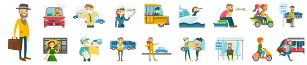 Desenhos Animados Smiley Conjunto Ilustração Plana Personagens Usando Transporte Público — Vetor de Stock