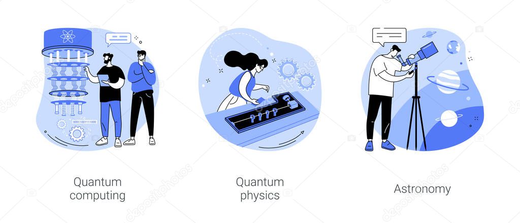 Scientific research isolated cartoon vector illustrations set. Quantum computing studies, making experiment with lasers, study physics, optical telescope, astronomy degree vector cartoon.