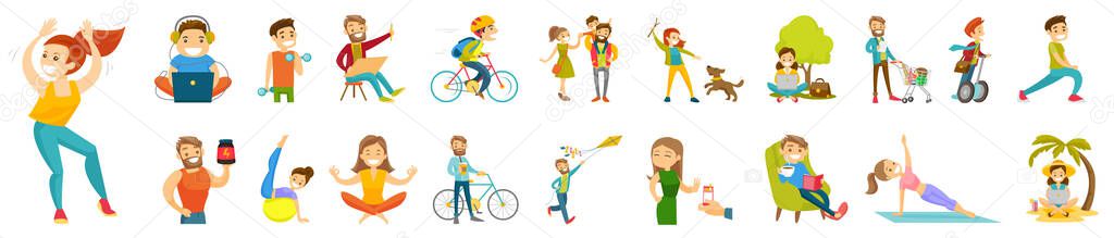 Smiley cartoon flat illustration set of sporty characters doing exercise in gym, walking dog and cycling. Working outdoors, going to office by bike and scooter. Fly kite, family walk. Active lifestyle
