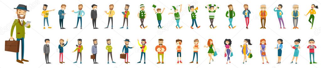 Smiley cartoon flat illustration set of men and women characters. Business people with briefcases and sport fans with colored faces. Happy girls with shopping bags, boys with smartphones and tablets.